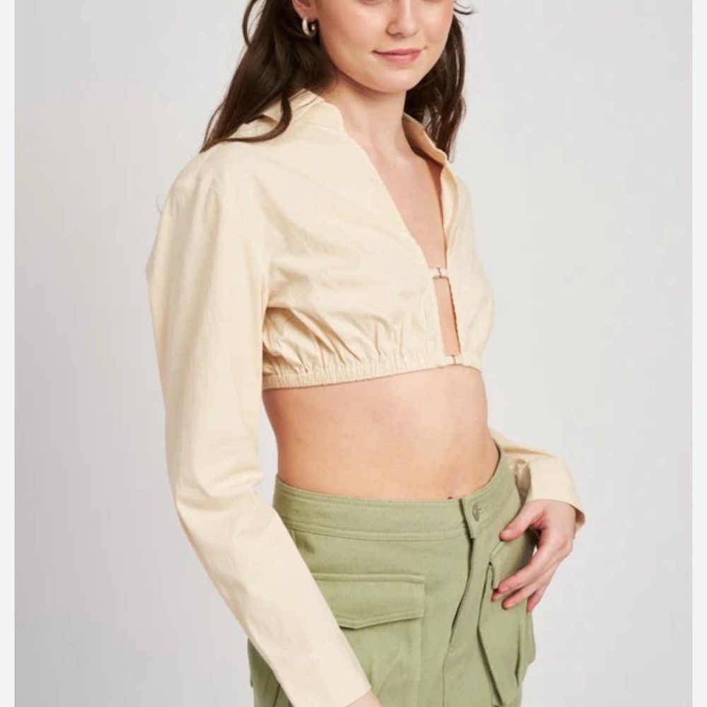 New Zara Cropped Long Sleeve Collar Shirt In Nude Cream Size Small - Picture 10 of 10